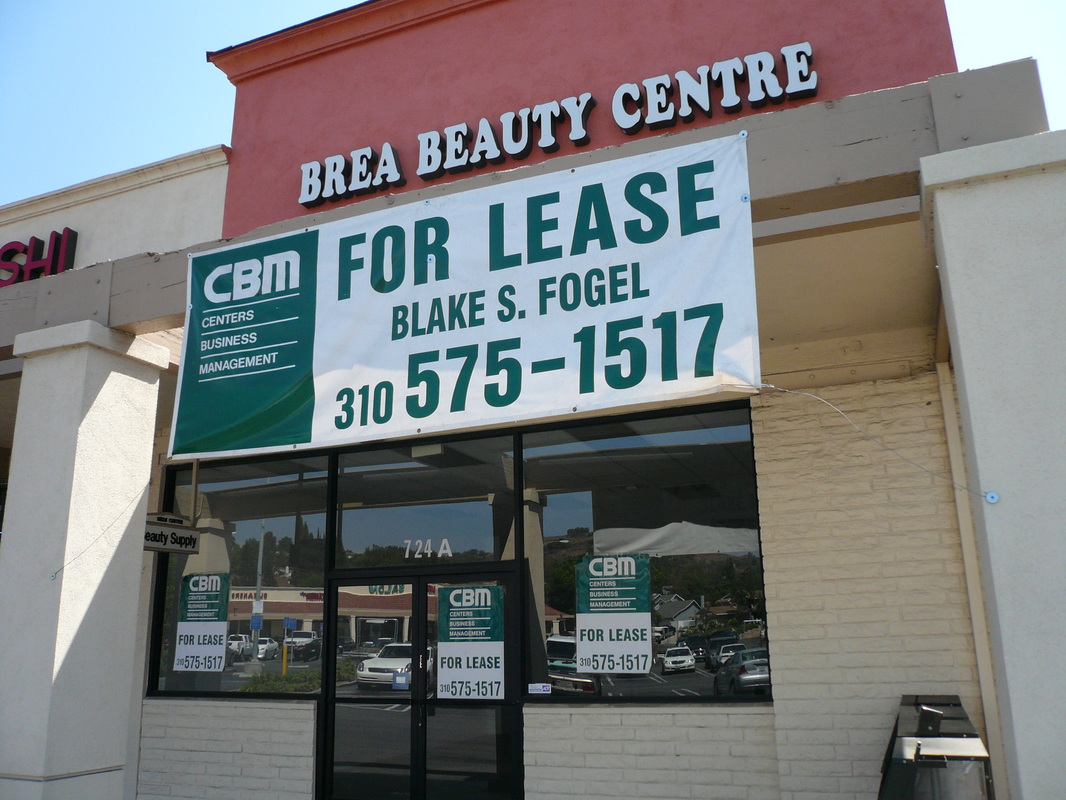 Large white vinyl 'For Lease' banner with green type and a CBM logo, grommet-mounted across a retail storefront fascia, with matching window signs below